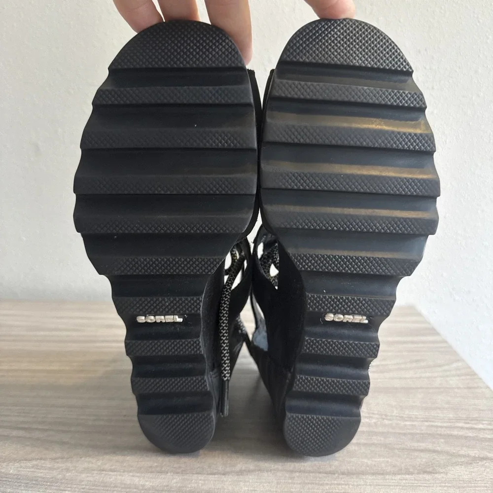Sorel Joanie Lace Black Leather Open Toe Wedge Sandals Women's Size 12